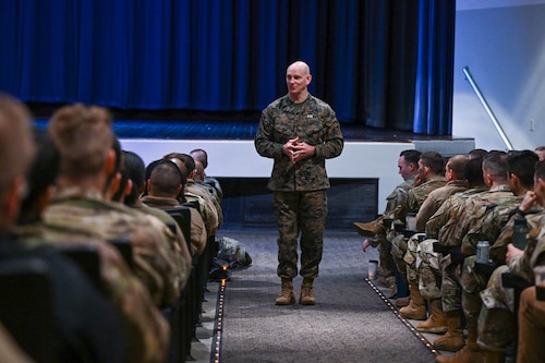 Senior Enlisted Advisor to the Chairman of the Joint Chiefs of Staff Troy Black speaks to an audience of airmen