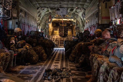 Paratroopers from the Japan Ground Self-Defense Force (JGSDF) 1st Airborne Brigade and the U.S. Army 82nd Airborne Division prepare for take-off.