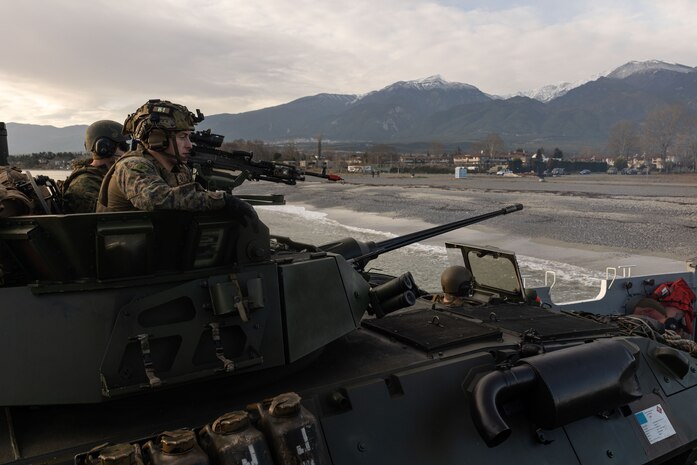 U.S. Marine Corps 1st Lt. Michael Bogdanos, a platoon commander with the Light Armored Reconnaissance Company, Battalion Landing Team 1/6, 26th MEU(SOC), conducts beach landing during an amphibious assault training mission as part of the 26th MEU(SOC) Exercise “Odyssey Encore”, Volos, Greece, Jan. 8, 2024. The 26th Marine Expeditionary Unit (Special Operations Capable) Marine Air-Ground Task Force readiness sustainment exercise enhances the unit’s operational capabilities as a crisis response force. The Bataan Amphibious Ready Group, with the embarked 26th Marine Expeditionary Unit (Special Operations Capable), is on a scheduled deployment in the U.S. Naval Forces Europe area of operations, employed by U.S. Sixth Fleet to defend U.S., Allied and partner interests. (U.S. Marine Corps photo by Sgt. Matthew Romonoyske-Bean)