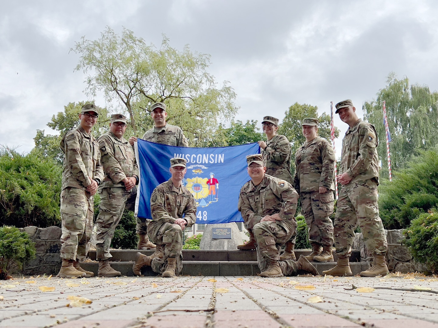 Eight members of the Wisconsin Army National Guard’s 112th Mobile Public Affairs Detachment left Wisconsin in May 2023 for a deployment to the Baltic region of Europe in support of Operation European Assure, Deter, Reinforce. Pictured are, left to right: Staff Sgt. Oscar Gollaz, Capt. H. Howey, unit commander Maj. Joe Trovato, Capt. Daniel Yarnall, Sgt. Cesar Salazar Jr, 1st Sgt. Alexandria Hughes, Sgt. 1st Class Bridget Vian and Sgt. Alex Soliday. 112t Mobile Public Affairs Detachment photo