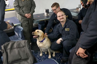 Sage visits USS Thomas Hudner (DDG 116) while underway in the Mediterranean Sea.