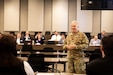Kentucky National Guard Adjutant General, Maj. Gen. Haldane Lamberton speaks with local business owners at the Wellman Auditorium on Boone National Guard Center in Frankfort, Kentucky on Dec. 14, 2023.