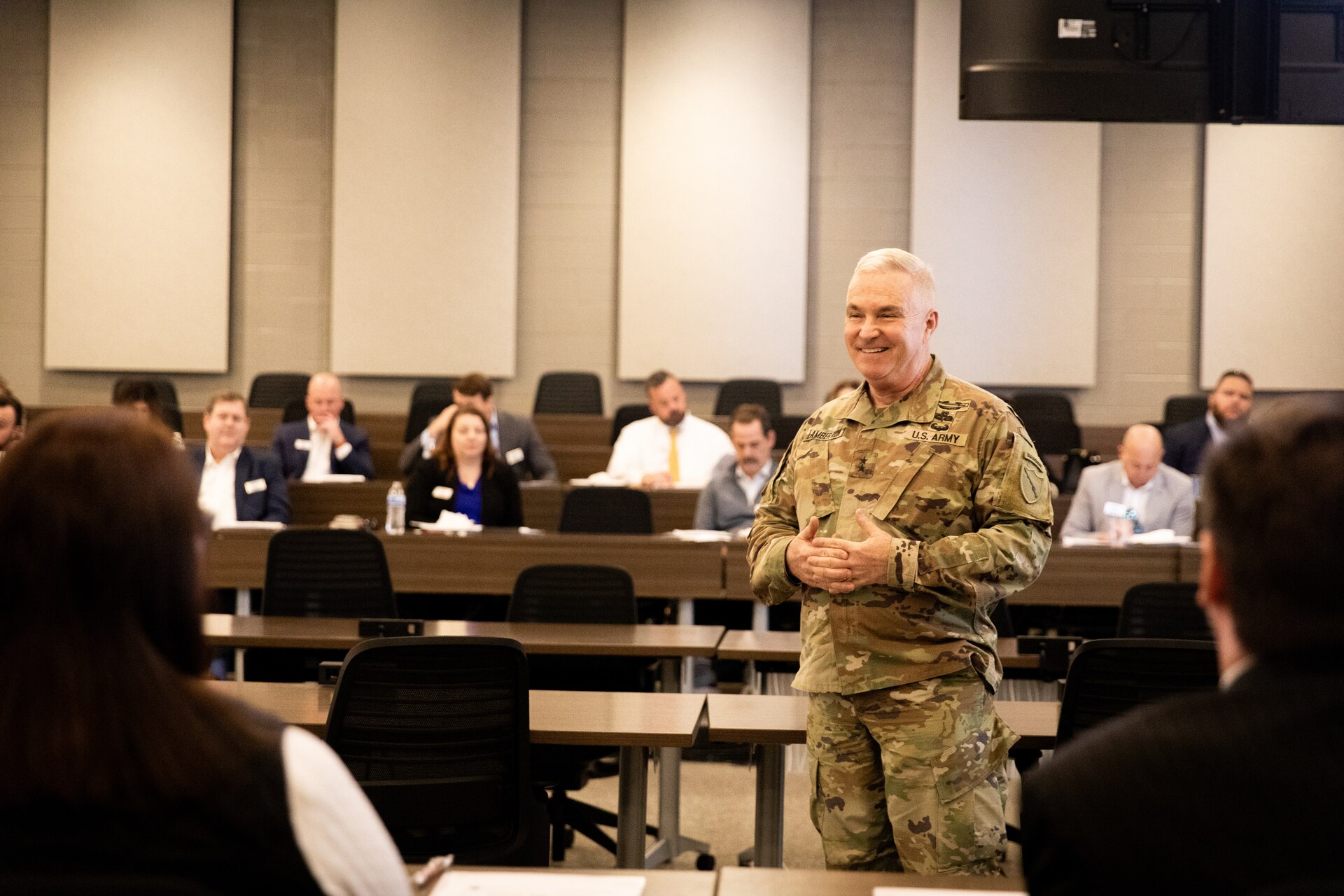 Kentucky National Guard Adjutant General, Maj. Gen. Haldane Lamberton speaks with local business owners at the Wellman Auditorium on Boone National Guard Center in Frankfort, Kentucky on Dec. 14, 2023.