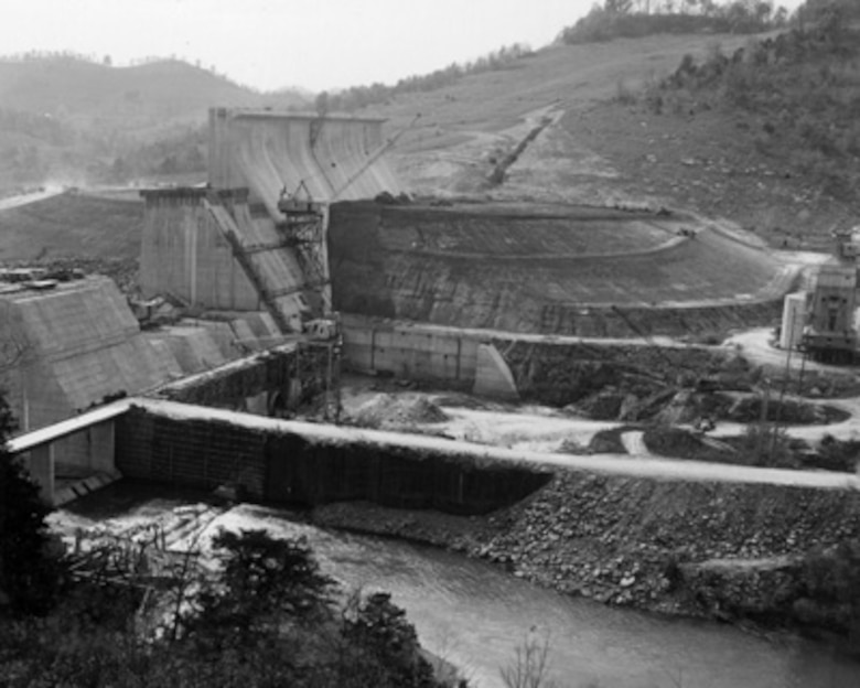 Center Hill Lake. Dam mid-excavation, black and white photo