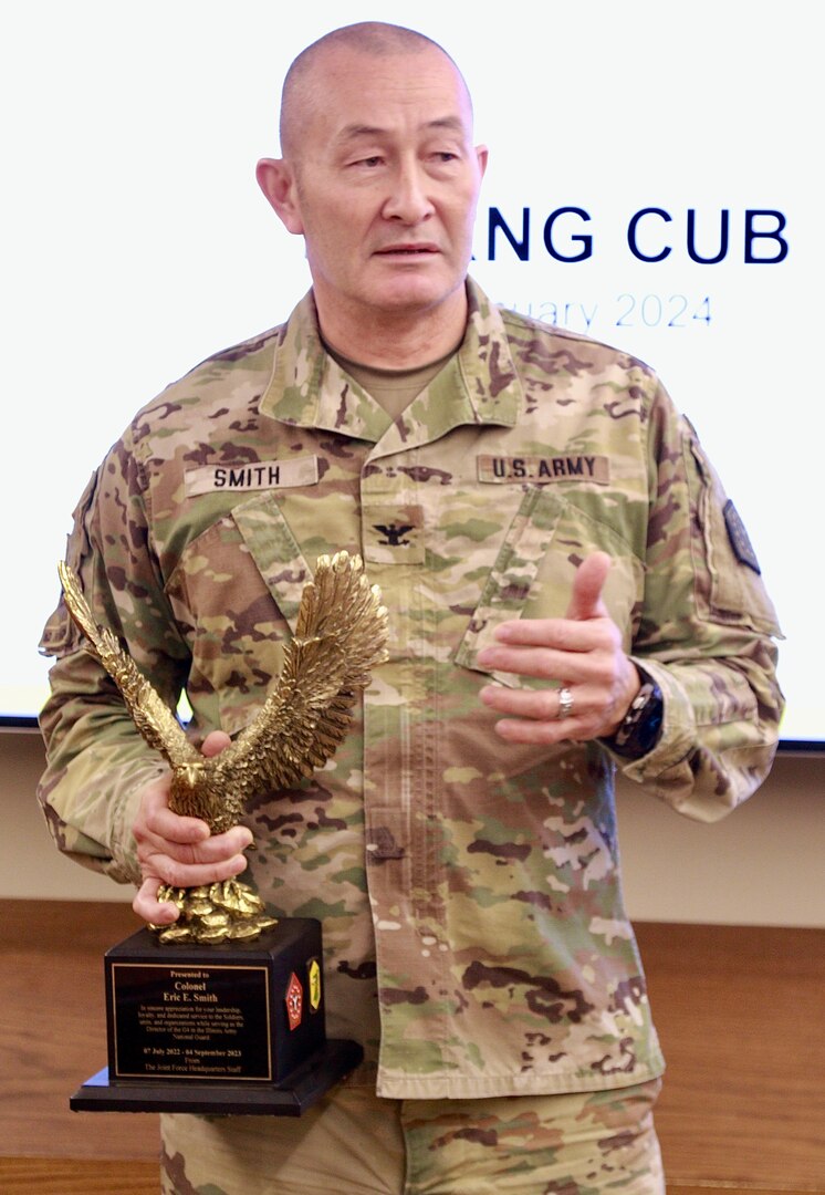 Illinois Army National Guard Col. Eric Smith, the Commander of the 34th Division Sustainment Brigade, was presented with the "Staff Eagle" for serving as the Deputy Chief of Staff for Logistics (G4) in the Illinois National Guard's Joint Force Headquarters from July 2022 to September 2023.