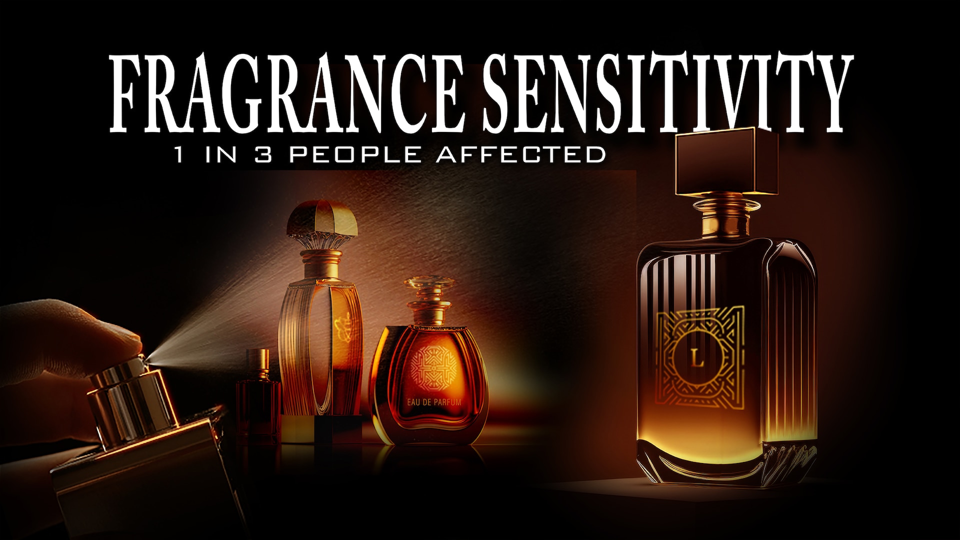 Bottle of perfume and cologne displayed against a black background, dramatically lit from behind with a perfume bottle nozzle expelling perfume mist from the lower left side and the headline Fragrance Sensitivity at the top.