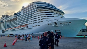 A team from U.S. Coast Guard Forces Micronesia/Sector Guam and the U.S. Coast Guard Cruise Ship National Center of Expertise conduct a Certificate of Compliance (COC) exam on the 1,036-foot Maltese-flagged cruise ship MSC Bellissima on its first-ever U.S. port call at the Port of Guam, on Jan. 3, 2024.