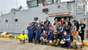 U.S. Coast Guard Forces Micronesia/Sector Guam personnel and 20 participants, including personnel from the FSM Maritime Wing, Fire and Rescue services, and Pohnpei Department of Public Safety take a moment for a photo in Pohnpei