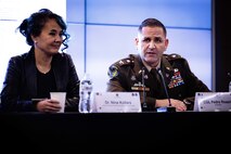 U.S. Army Col. Pedro J. Rosario, Director, Manpower and Personnel of U.S. Cyber Command, acts as the moderator for the panelist at the National Defense University in Washington, D.C., for the Cyber Symposium on December 5, 2023.