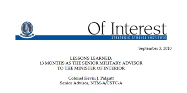 Cover for Lessons Learned – 13 Months as the Senior Military Advisor to the Minister of Interior