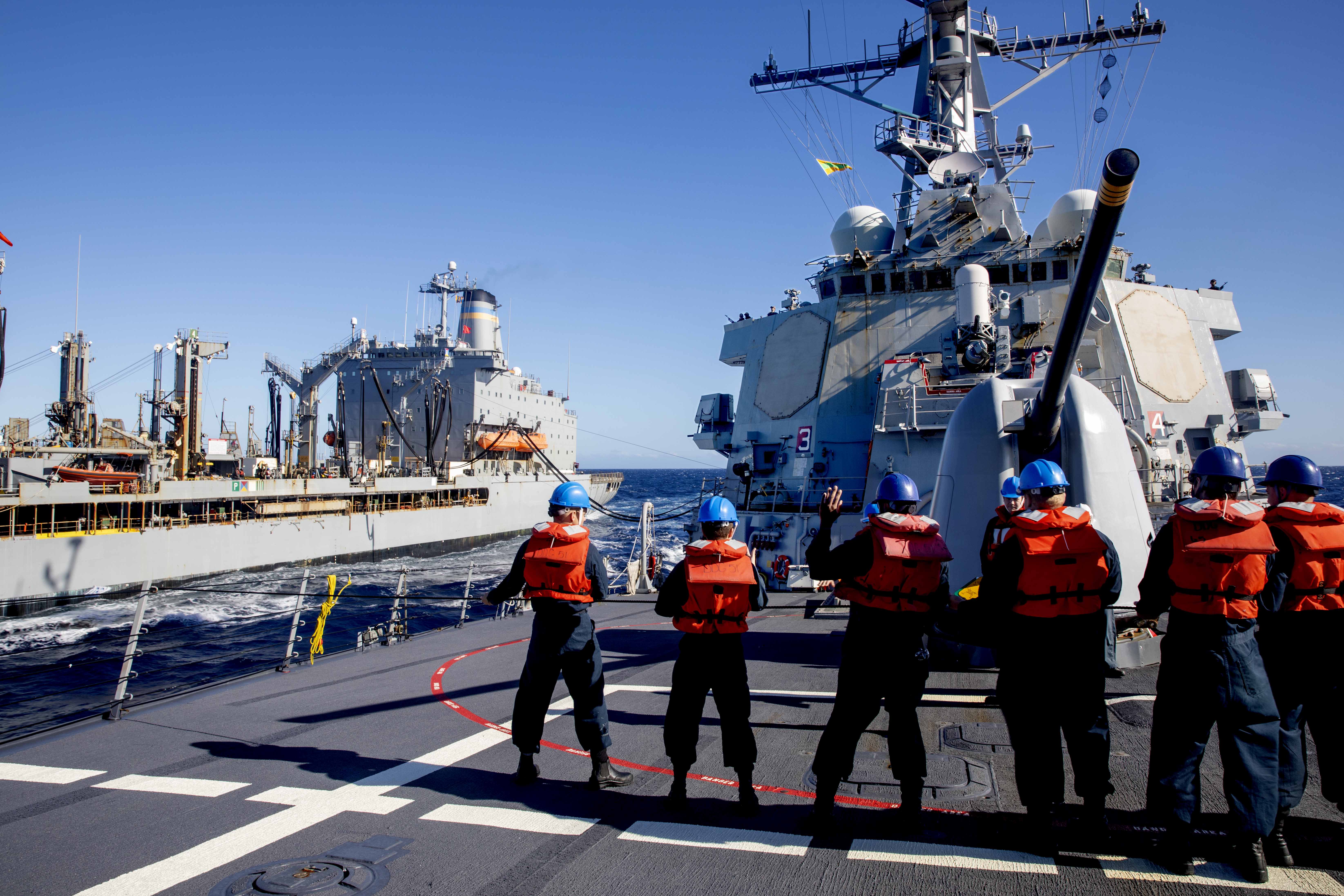 USS Arleigh Burke (DDG 51) during a replenishment with USNS Laramie (T-AO 203) in the Mediterranean Sea.