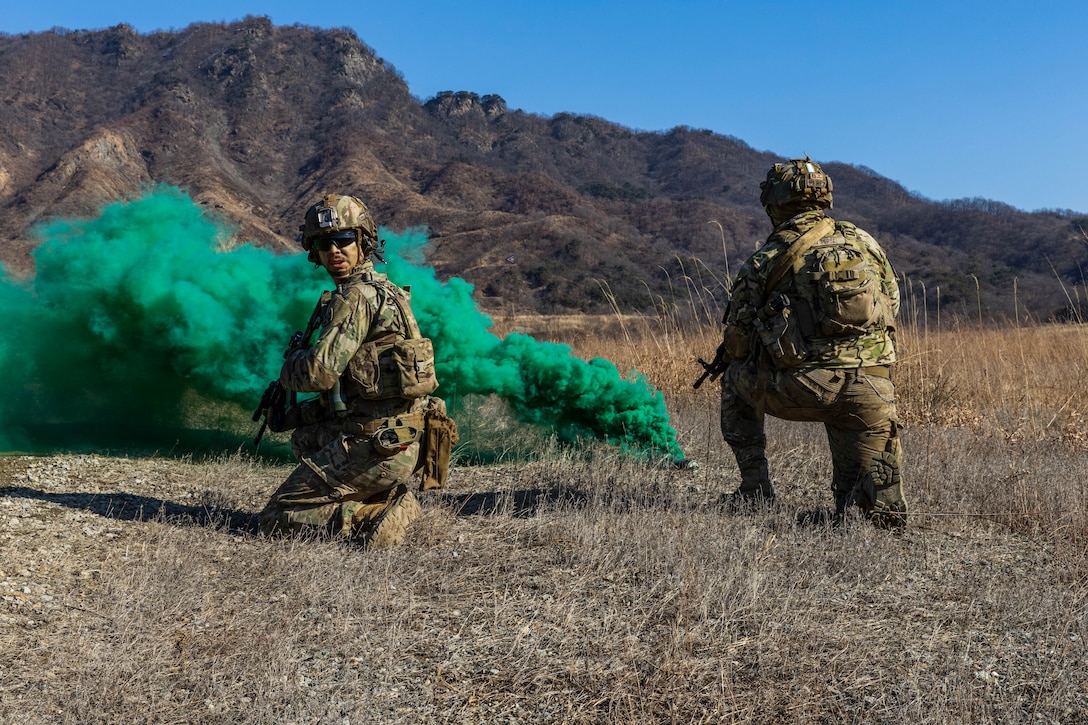 Two soldiers kneel behind a green smoke grenade in a field with mountains in the distance.