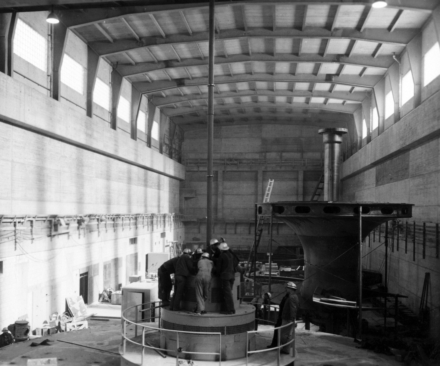 black and white turbine room