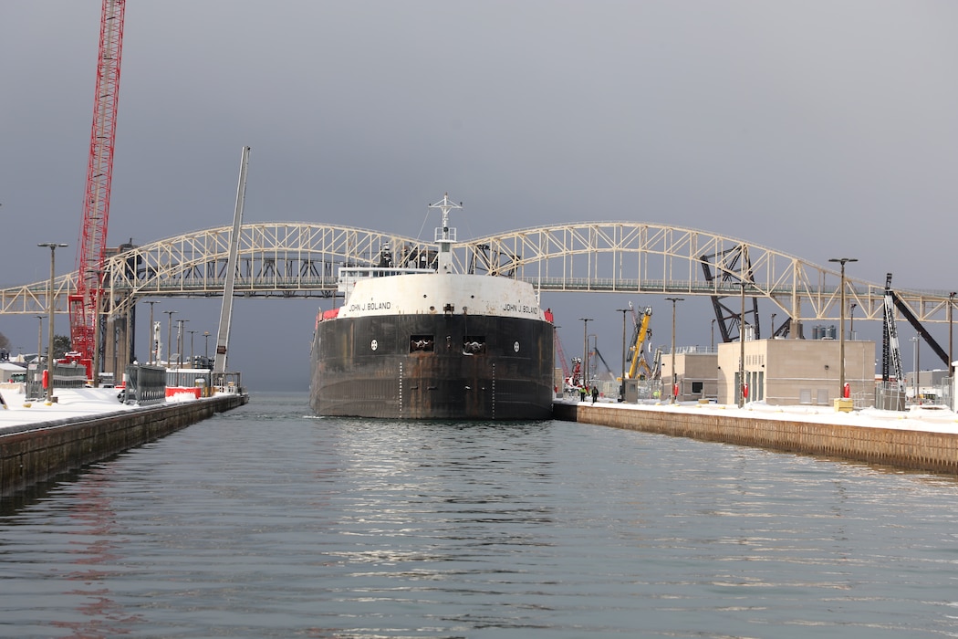 The John J. Boland enters the Poe Lock from Lake Superior  in Sault Ste. Marie, Michigan on Nov. 28, 2024.