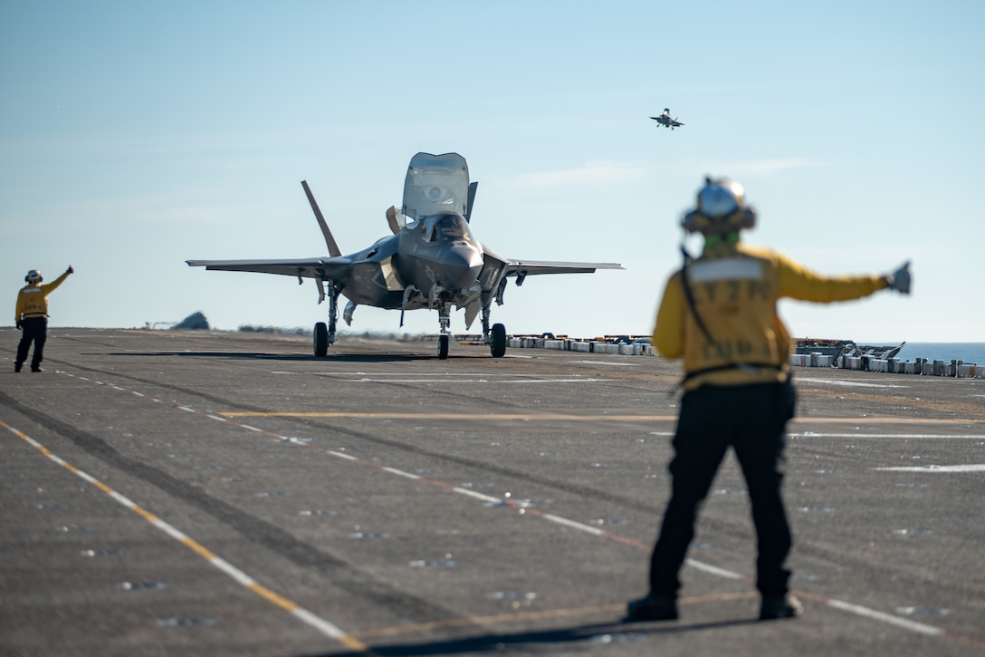 A U.S. Marine Corps F-35B Lightning II attached to Marine Fighter Attack Squadron 225, 15th Marine Expeditionary Unit, prepares for takeoff from the flight deck of the amphibious assault ship USS Boxer in the Pacific Ocean, Jan. 5, 2024. The 15th MEU is currently embarked aboard the Boxer Amphibious Ready Group conducting integrated training and routine operations in U.S. 3rd Fleet.