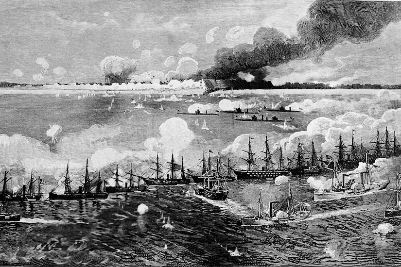 Several ships with masts line up in a bay. Smoke fills the air.