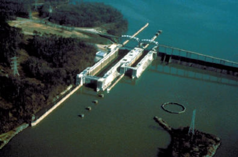 Wheeler Navigation Lock aerial view, with riverbank on left