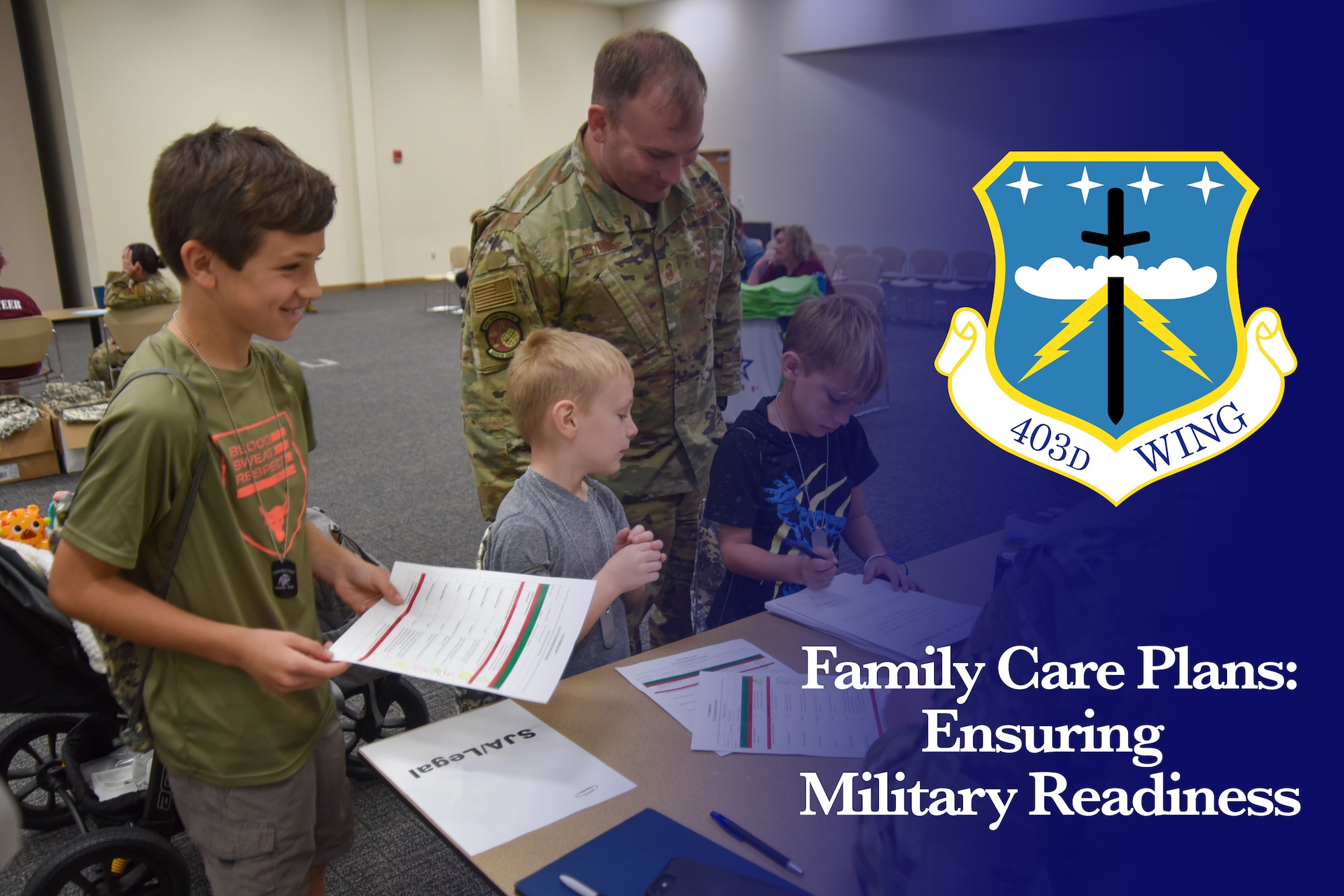 Military member and his family visit the Jag/Legal processing desk.