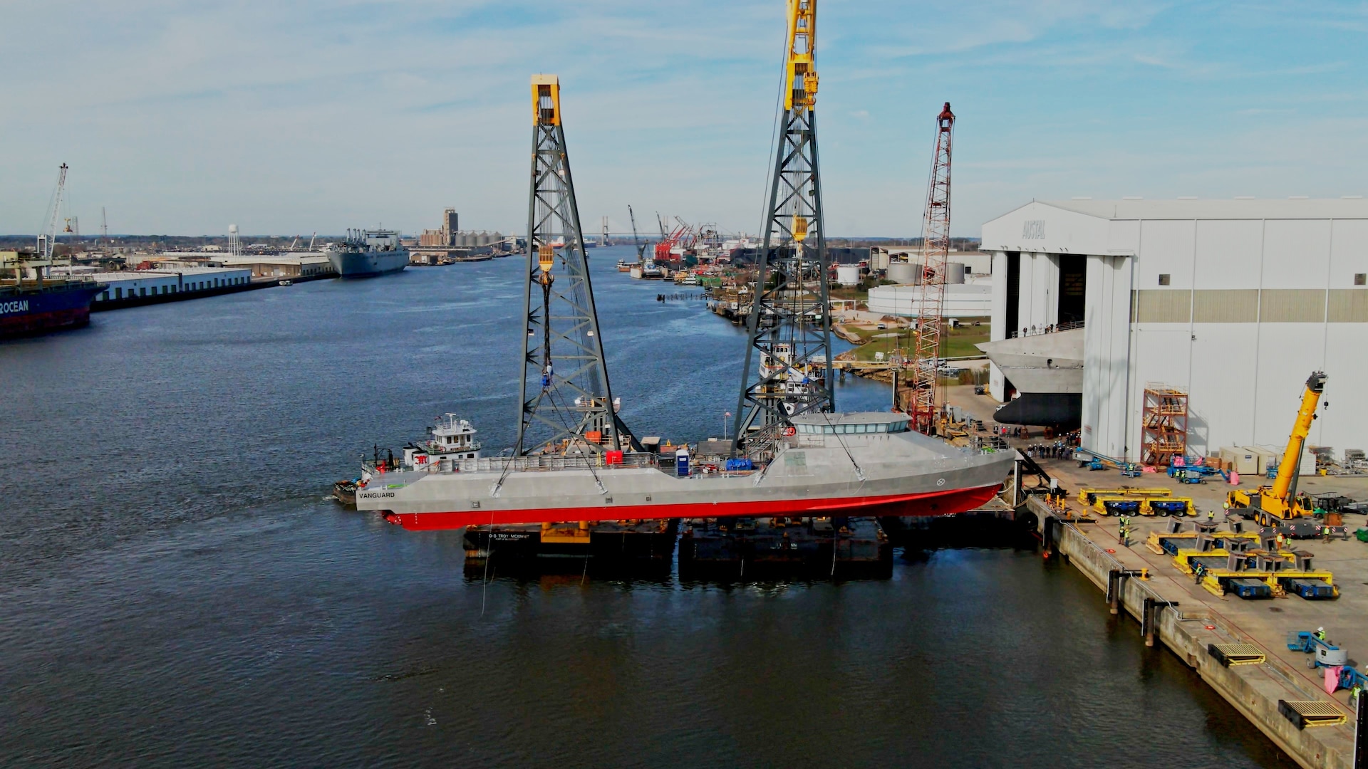 The U.S. Navy’s newest Overlord Unmanned Surface Vessel Vanguard (OUSV3), launched from Austal USA’s shipyard in Mobile, Ala, Dec. 13, 2023. Vanguard is the first USV for the Navy purpose-built for autonomous operations from the keel-up. (Photo courtesy of Austal USA / RELEASED)