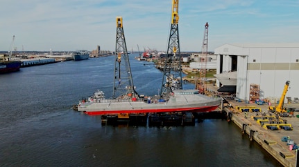 The U.S. Navy’s newest Overlord Unmanned Surface Vessel Vanguard (OUSV3), launched from Austal USA’s shipyard in Mobile, Ala, Dec. 13, 2023. Vanguard is the first USV for the Navy purpose-built for autonomous operations from the keel-up. (Photo courtesy of Austal USA / RELEASED)