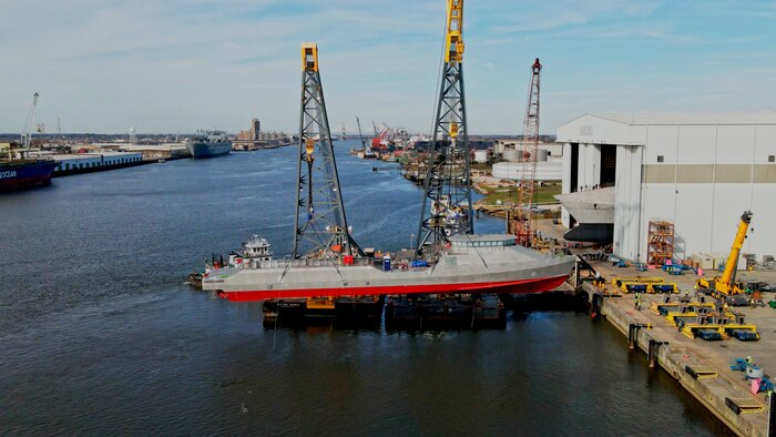 The U.S. Navy’s newest Overlord Unmanned Surface Vessel Vanguard (OUSV3), launched from Austal USA’s shipyard in Mobile, Ala, Dec. 13, 2023. Vanguard is the first USV for the Navy purpose-built for autonomous operations from the keel-up. (Photo courtesy of Austal USA / RELEASED)