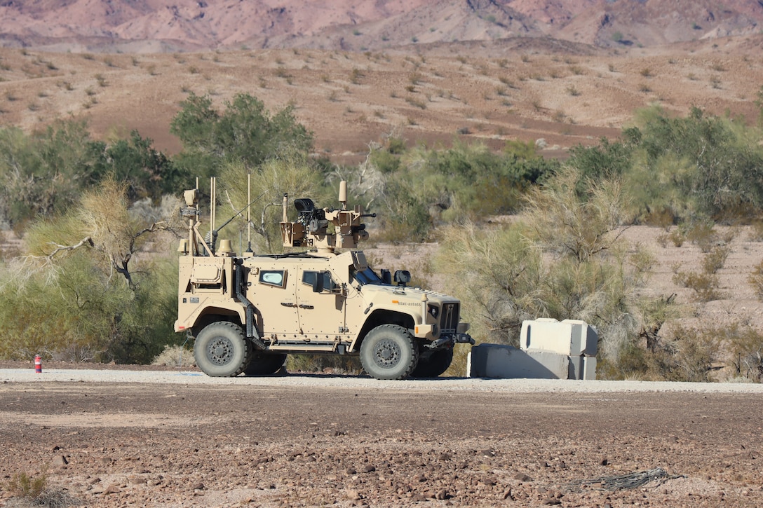 U.S. Marines with Marine Corps Systems Command, fire a Stinger Missile from a Marine Air Defense Integrated System (MADIS) at Yuma Proving Ground, Arizona, December 13, 2023. The MADIS Mk1 and Mk2, pictured, form a complementary pair and will be the basic building block of the Low Altitude Air Defense (LAAD) Battalions’ ground-based air defense capability. (U.S. Marine Corps photo by Virginia Guffey)