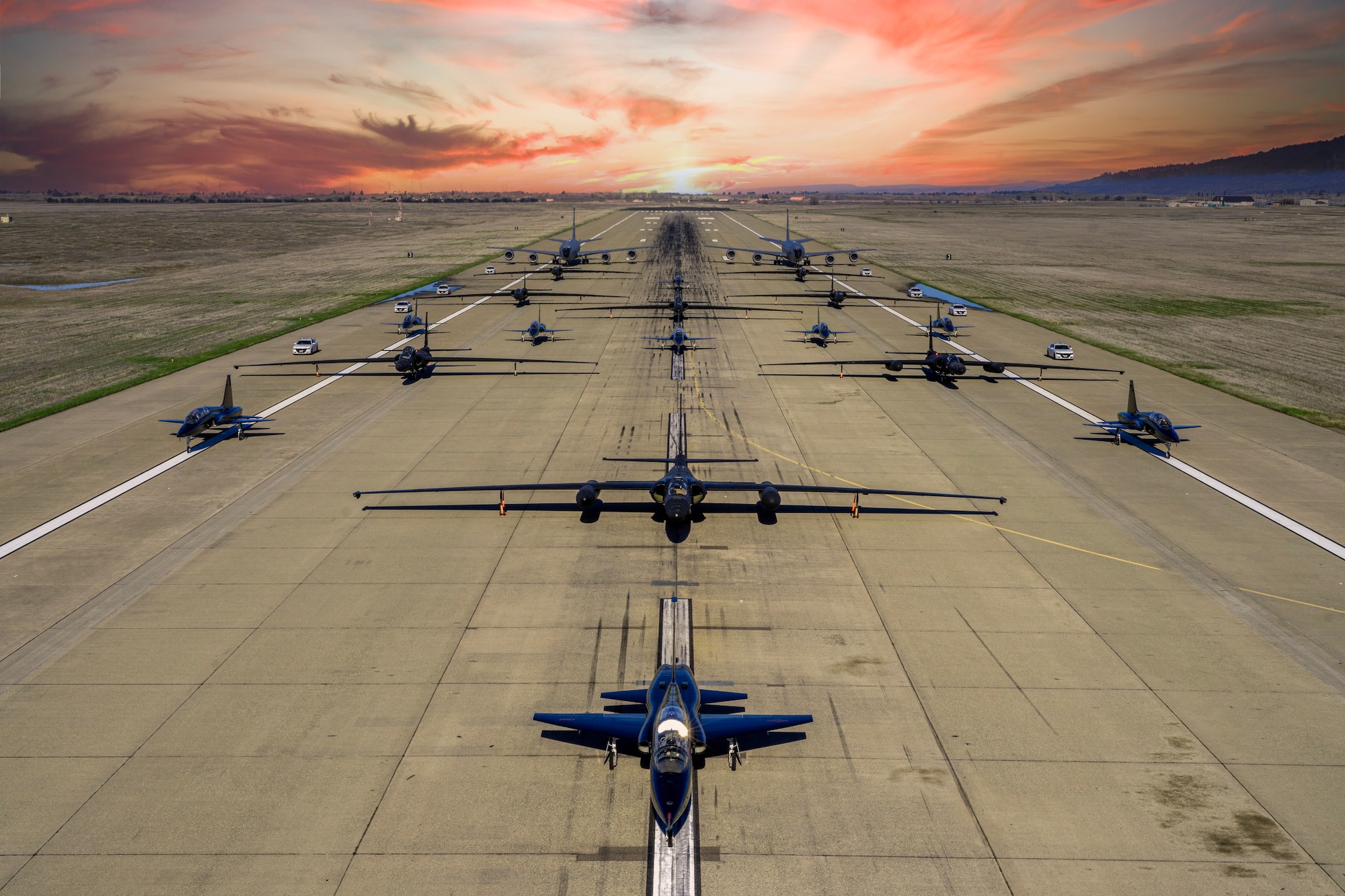 U.S. Air Force U-2 Dragon Lady’s and chase cars from the 99th Reconnaissance Squadron, T-38 Talon’s from the 1st Reconnaissance Squadron, and KC-135R Stratotanker’s from the 940th Air Refueling Wing conduct an elephant walk on Beale Air Force Base, California, Jan. 4, 2023.