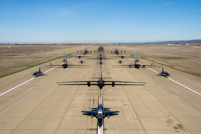 U.S. Air Force U-2 Dragon Lady’s and chase cars from the 99th Reconnaissance Squadron, T-38 Talon’s from the 1st Reconnaissance Squadron, and KC-135R Stratotanker’s from the 940th Air Refueling Wing conduct an elephant walk on Beale Air Force Base, California, Jan. 4, 2023.