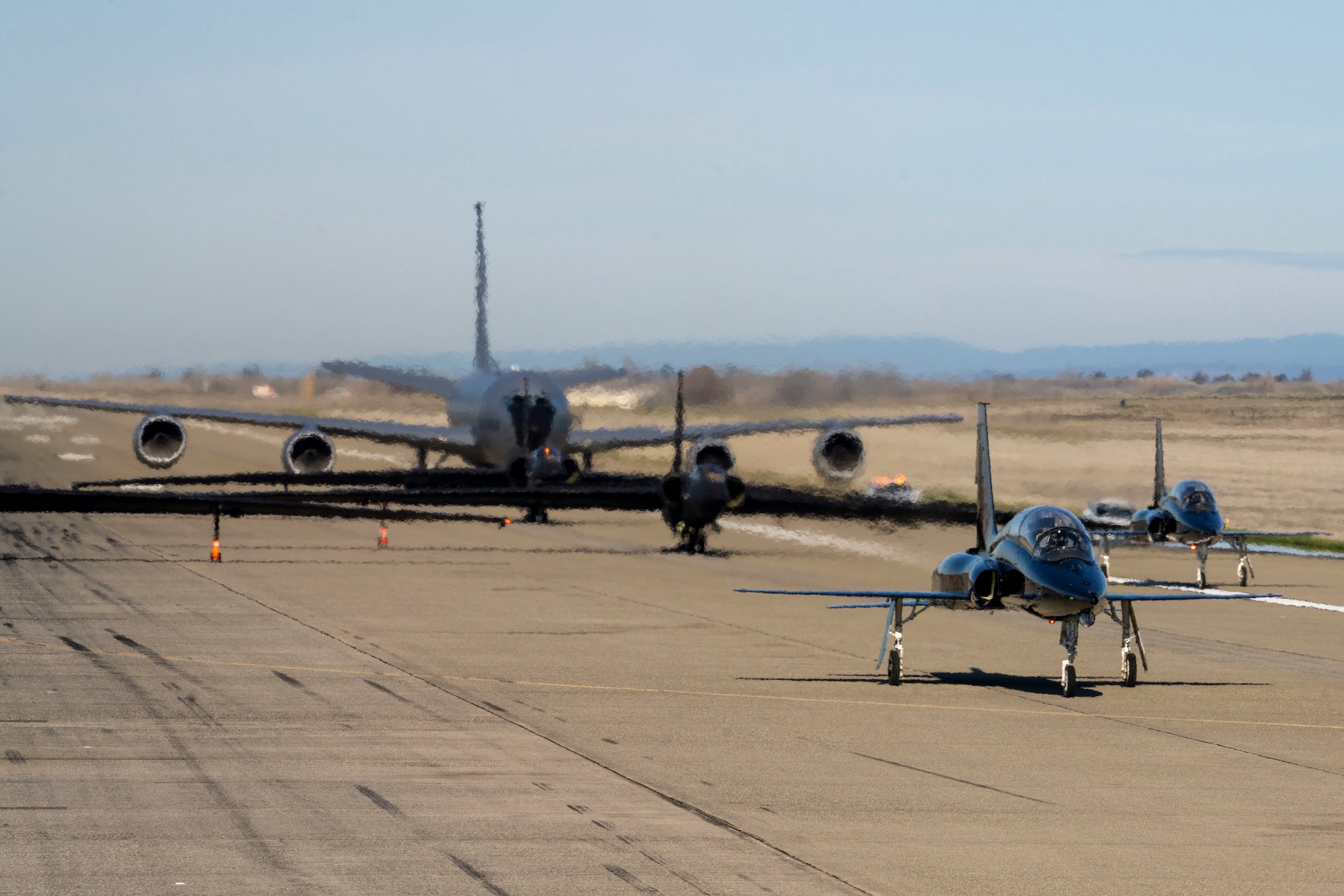 A U.S. Air Force T-38 Talon from the 1st Reconnaissance Squadron taxis away from formation after participating in an elephant walk on the flightline, Jan. 4, 2024, at Beale Air Force Base, California.