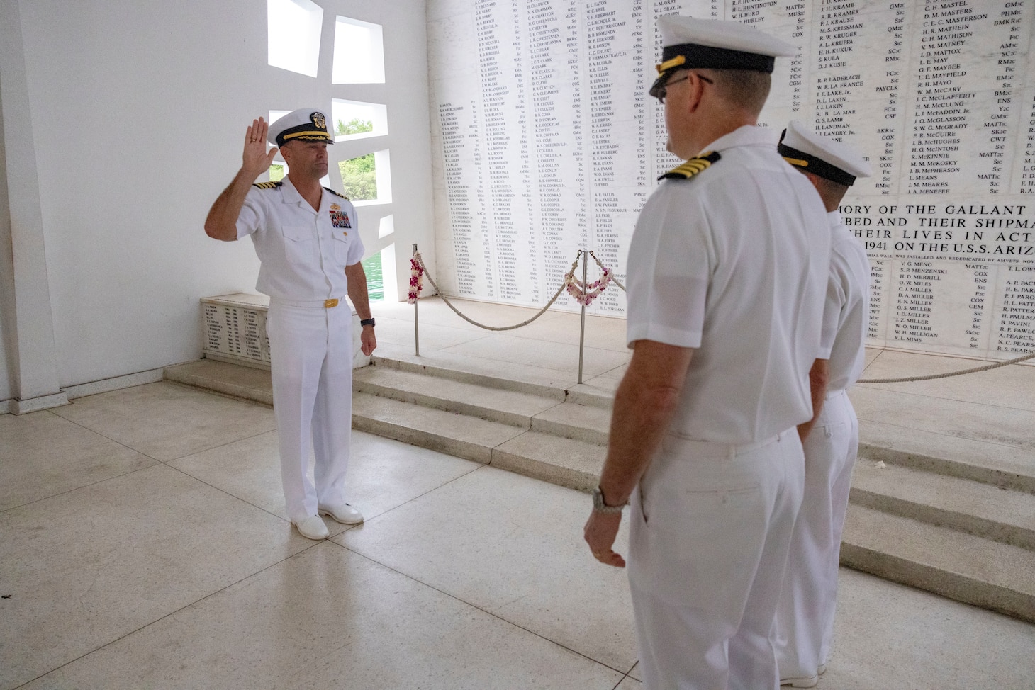 Rear Admiral Marc Williams is promoted to Rear Adm. by Capt. Eric Sager and Capt. Chad Livingston onboard the U.S.S. Arizona Memorial, Dec 18. Williams was designated deputy commander of the Navy Closure Task Force – Red Hill Nov. 18, 2023. Charged with the safe closure of the Red Hill Bulk Fuel Storage Facility (RHBFSF), Navy Closure Task Force-Red Hill (NCTF-RH) was established by the Department of the Navy as an enduring commitment to protect the community and the environment. The task force is standing up and will take on responsibilities for Red Hill from the current Joint Task Force-Red Hill in early spring 2024. NCTF-RH is engaging in continuous conversations in formal and informal forums with the people of Hawaii, regulatory agencies, and various experts and officials to keep stakeholders informed as the Navy works to safely and deliberately close the RHBFSF.