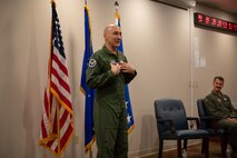 Chief of Staff of the Air Force Gen. David Allvin speaks during a ceremony at Nellis Air Force Base, Nev., Jan. 11, 2024. U.S. Air Force Maj. Stephen Keck, an F-15E pilot assigned to the 53rd Wing, was awarded the Mackay Trophy for completing the most meritorious flight of 2022. (U.S. Air Force photo by Airman 1st Class Jordan McCoy)
