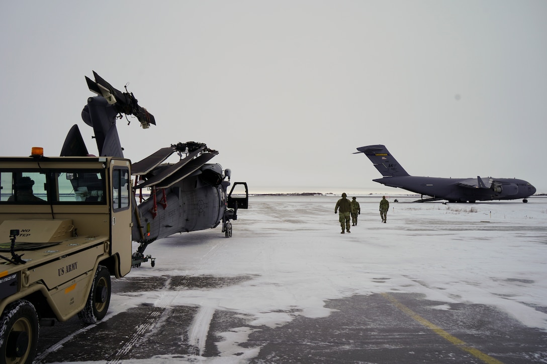 Airmen from the Alaska Air National Guard 176th Aircraft Maintenance from Joint Base Elmendorf-Richardson, Alaska, and the active duty 718th Aircraft Maintenance Squadron from Kadena Air Base, Japan, conducted a joint operation to transport an HH-60G Pave Hawk helicopter from Bethel to JBER in early January 2024.