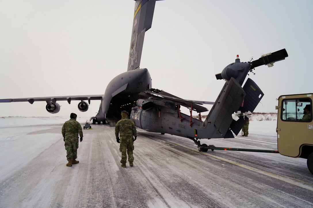 Airmen from the Alaska Air National Guard 176th Aircraft Maintenance from Joint Base Elmendorf-Richardson, Alaska, and the active duty 718th Aircraft Maintenance Squadron from Kadena Air Base, Japan, conducted a joint operation to transport an HH-60G Pave Hawk helicopter from Bethel to JBER in early January 2024.