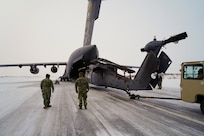 Airmen from the Alaska Air National Guard 176th Aircraft Maintenance from Joint Base Elmendorf-Richardson, Alaska, and the active duty 718th Aircraft Maintenance Squadron from Kadena Air Base, Japan, conducted a joint operation to transport an HH-60G Pave Hawk helicopter from Bethel to JBER in early January 2024.