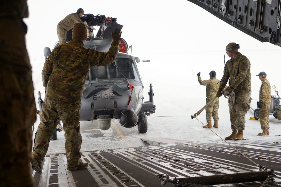 Airmen from the Alaska Air National Guard 176th Aircraft Maintenance from Joint Base Elmendorf-Richardson, Alaska, and the active duty 718th Aircraft Maintenance Squadron from Kadena Air Base, Japan, conducted a joint operation to transport an HH-60G Pave Hawk helicopter from Bethel to JBER in early January 2024.