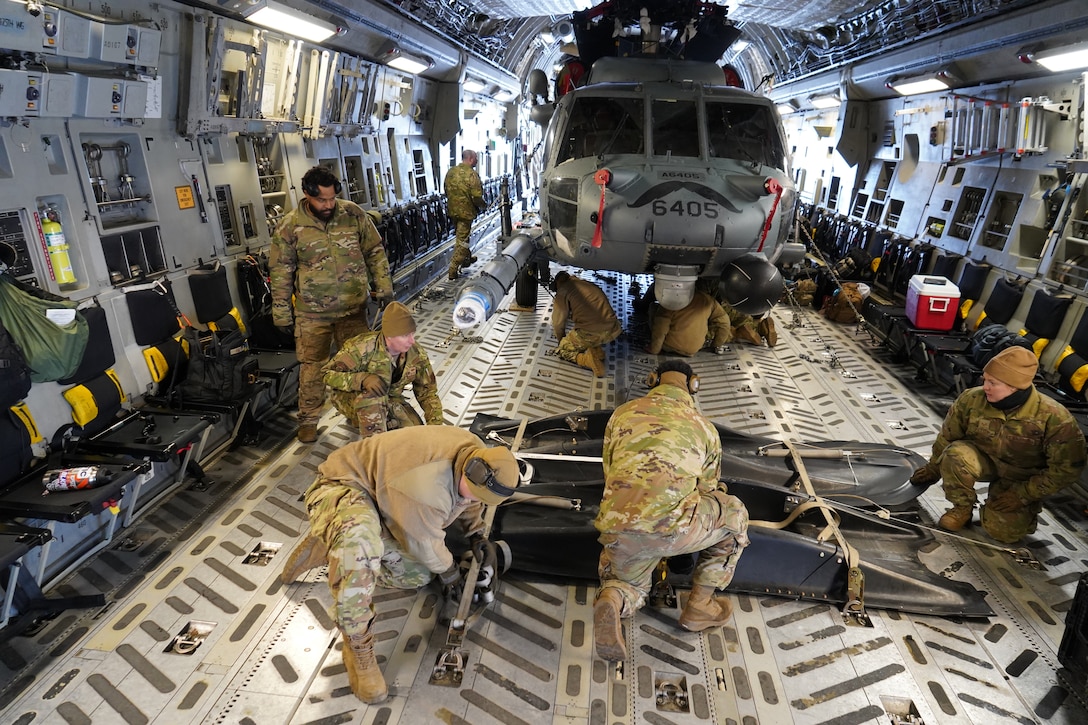 Airmen from the Alaska Air National Guard 176th Aircraft Maintenance from Joint Base Elmendorf-Richardson, Alaska, and the active duty 718th Aircraft Maintenance Squadron from Kadena Air Base, Japan, conducted a joint operation to transport an HH-60G Pave Hawk helicopter from Bethel to JBER in early January 2024.