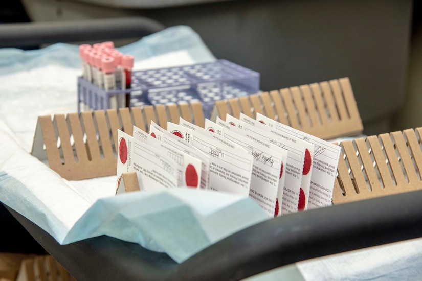 Several DNA cards are stacked in half of one of two holders, while a third container is about a third full with vials.