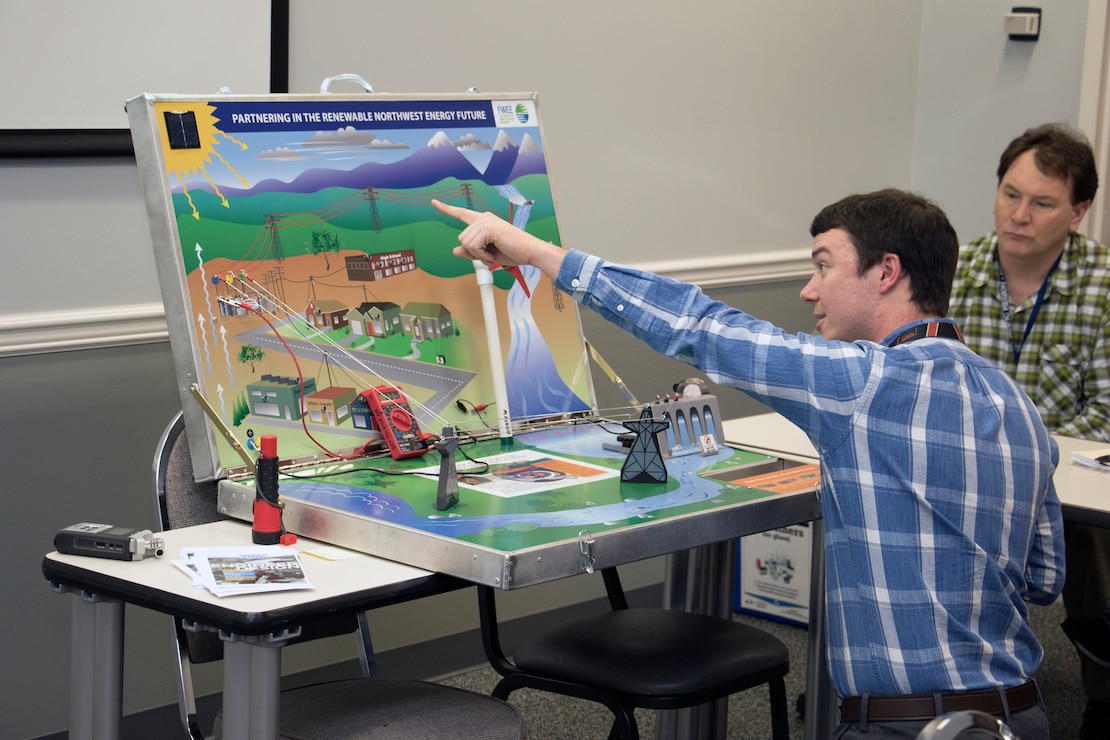 A student points at a diagram of dam systems.