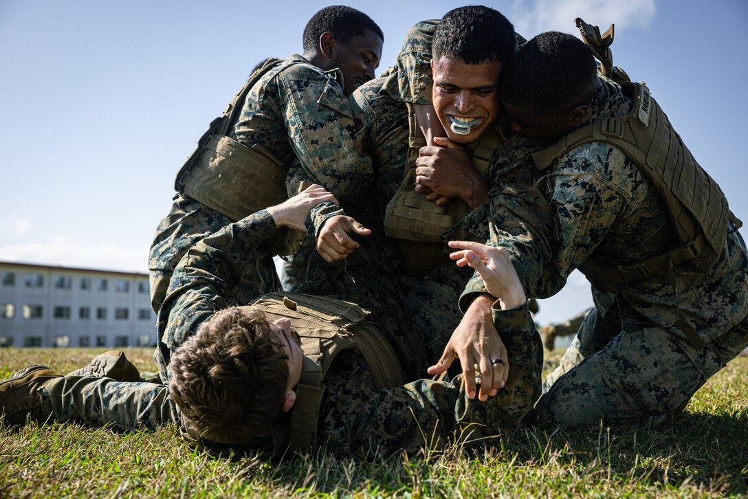U.S. Marines 1st Marine Aircraft Wing, 31st Marine Expeditionary Unit, and III Marine Expeditionary Force Information Group, grapple during the culminating event of a Martial Arts Instructor Course on Camp Hansen, Okinawa, Japan, Dec. 14, 2023. The MAI course is a three-week course that implements physical training and academic instruction for instructor trainees. The demanding physical intensity prepares trainees to perform Marine Corps Martial Arts Program techniques through the different elements of war. Coursework evaluations ensure that all newly graduated instructors have more than enough knowledge to carefully supervise and instruct Marines who are looking to make MCMAP belt advancements. (U.S. Marine Corps photo by Cpl. Thomas Sheng)