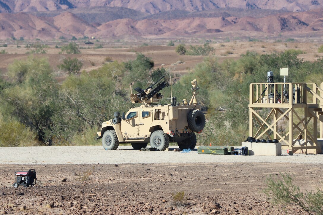U.S. Marines with Marine Corps Systems Command, fire a Stinger Missile from a Marine Air Defense Integrated System (MADIS) at Yuma Proving Ground, Arizona, December 13, 2023. The MADIS Mk1, pictured, and Mk2 form a complementary pair and will be the basic building block of the Low Altitude Air Defense (LAAD) Battalions’ ground-based air defense capability. (U.S. Marine Corps photo by Virginia Guffey)