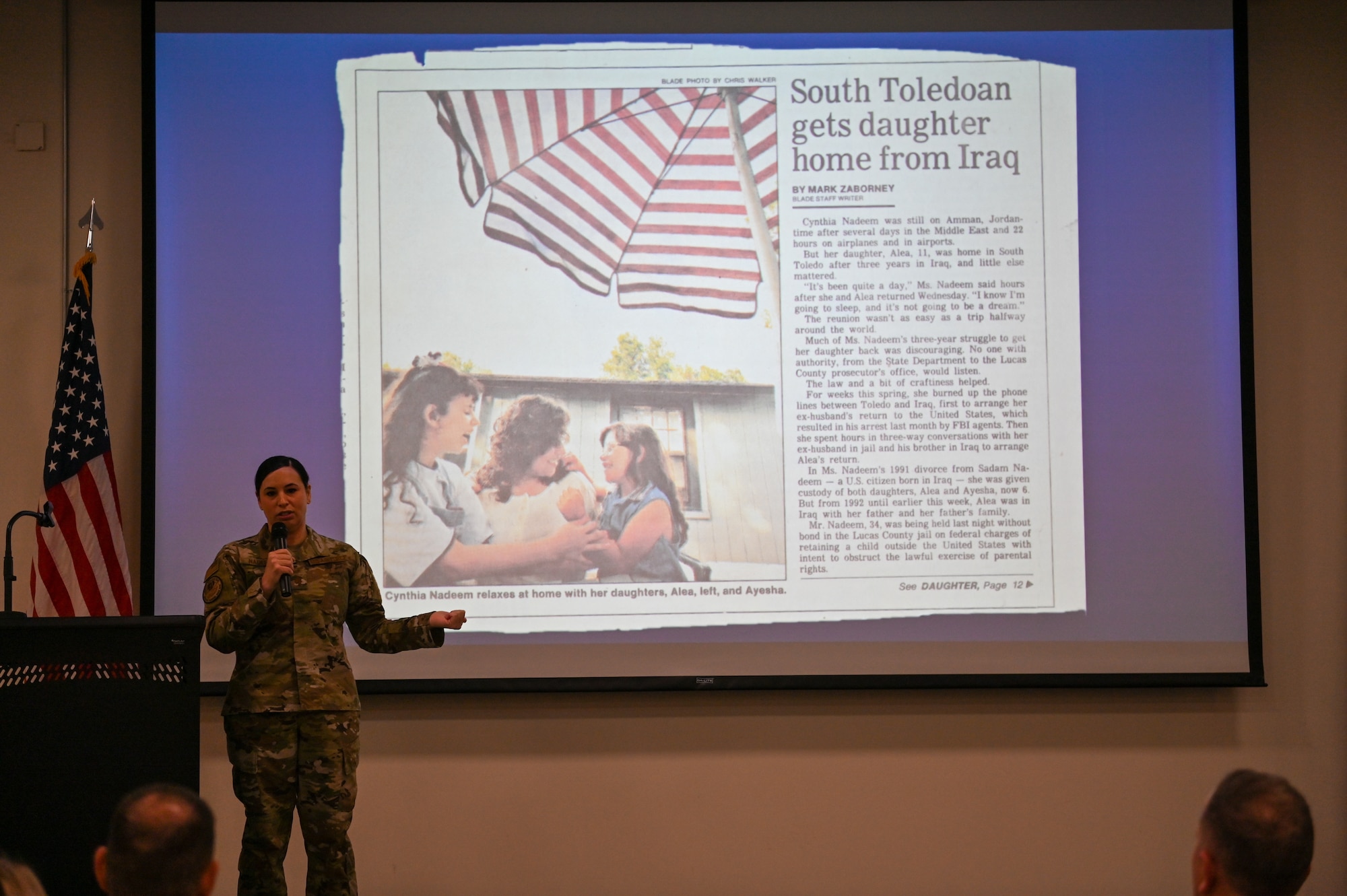U.S. Air Force Maj. gives speaks during a presentation.
