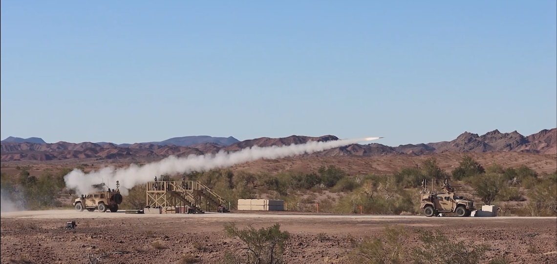 U.S. Marines with Marine Corps Systems Command, fire a Stinger Missile from a Marine Air Defense Integrated System (MADIS) at Yuma Proving Ground, Arizona, December 13, 2023. The MADIS Mk1, pictured, and Mk2 form a complementary pair and will be the basic building block of the Low Altitude Air Defense (LAAD) Battalions’ ground-based air defense capability. (U.S. Marine Corps photo by Virginia Guffey)