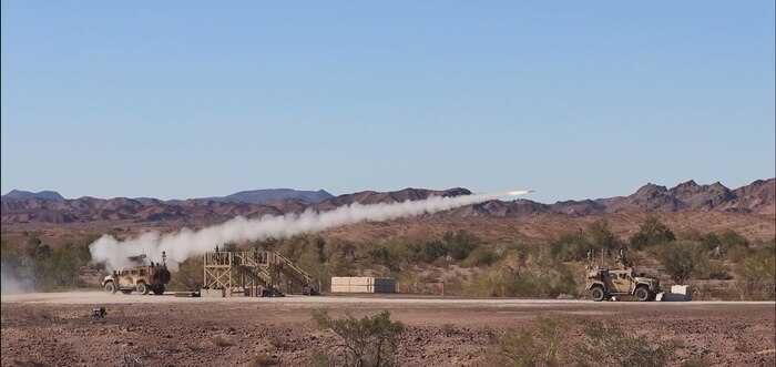 U.S. Marines with Marine Corps Systems Command, fire a Stinger Missile from a Marine Air Defense Integrated System (MADIS) at Yuma Proving Ground, Arizona, December 13, 2023. The MADIS Mk1, pictured, and Mk2 form a complementary pair and will be the basic building block of the Low Altitude Air Defense (LAAD) Battalions’ ground-based air defense capability. (U.S. Marine Corps photo by Virginia Guffey)