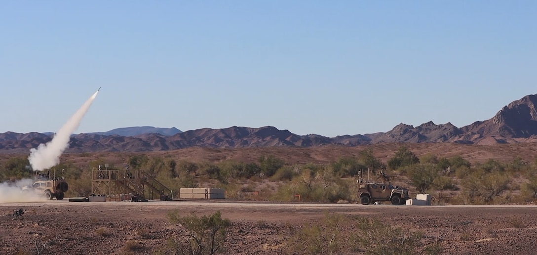 U.S. Marines with Marine Corps Systems Command, fire a Stinger Missile from a Marine Air Defense Integrated System (MADIS) at Yuma Proving Ground, Arizona, December 13, 2023. The MADIS Mk1 and Mk2 form a complementary pair and will be the basic building block of the Low Altitude Air Defense (LAAD) Battalions’ ground-based air defense capability. (U.S. Marine Corps photo by Virginia Guffey)