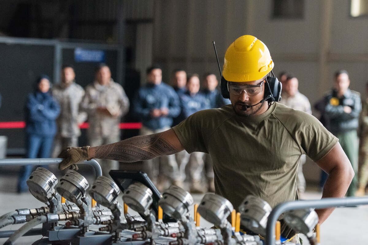 U.S. Air Force Senior Airman Devonta Williams, 39th Maintenance Squadron crash, damaged, or disabled aircraft recovery (CDDAR) team member, operates air pressure valves to inflate aircraft lift airbags during a CDDAR training exercise at Incirlik Air Base, Türkiye, Jan. 8, 2024.