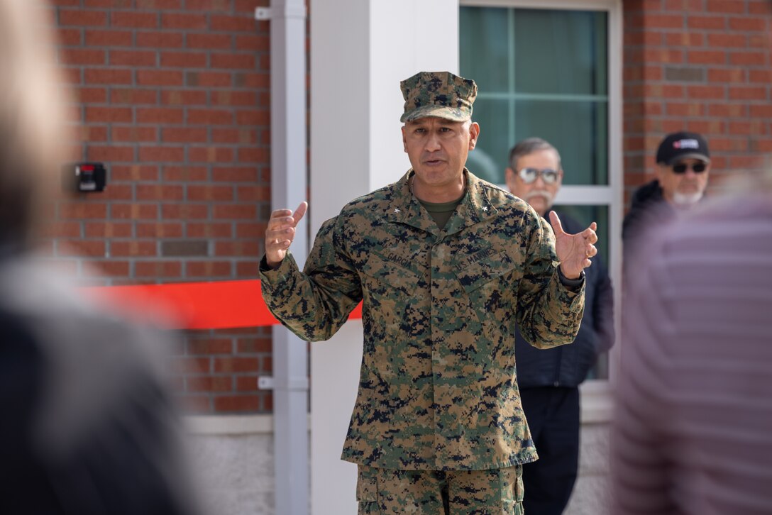 U.S. Marine Corps Brig. Gen. Adolfo Garcia Jr., commanding general, Marine Corps Installations East-Marine Corps Base (MCB) Camp Lejeune, gives remarks during a ribbon cutting ceremony for the MCB Camp Lejeune Fire and Emergency Services Division Fire Station 7 at Courthouse Bay on MCB Camp Lejeune, North Carolina, Jan. 11, 2024. The new firehouse boasts over 15,000 square feet of space, consolidates multiple fire department functions, and includes much-needed training and administrative spaces. (U.S. Marine Corps photo by Lance Cpl. Alyssa J. Deputee)