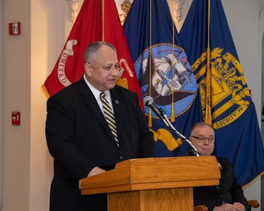 ANNAPOLIS, Md. (Feb. 17, 2023) Secretary of the Navy Carlos Del Toro announces that an academic building at the U.S. Naval Academy will be renamed “Carter Hall” for former President Jimmy Carter during a ceremony in Mahan Hall.