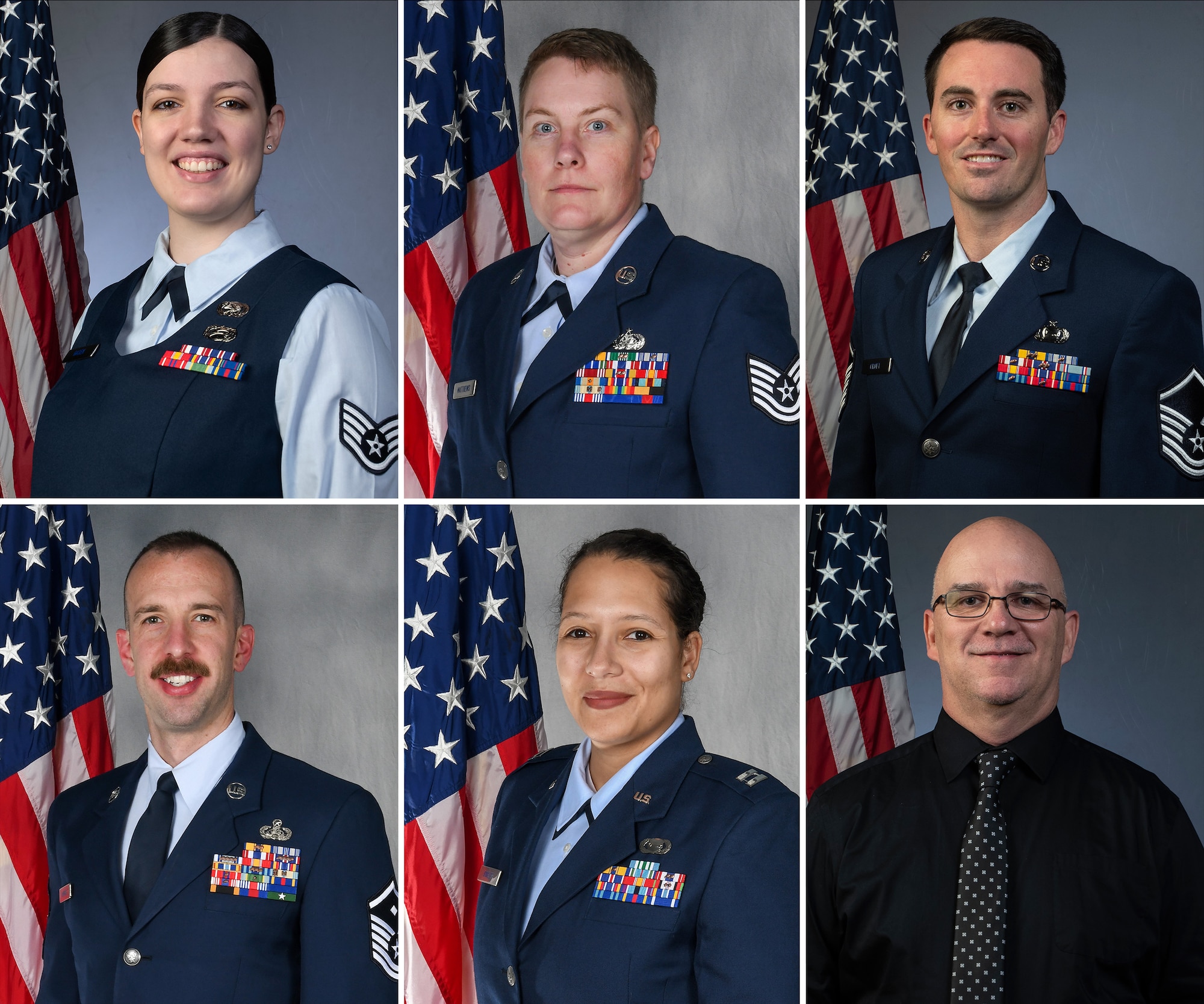 Collage of six individual portrait photos, representing the 131st Bomb Wing's Outstanding Airmen of the year for 2024.