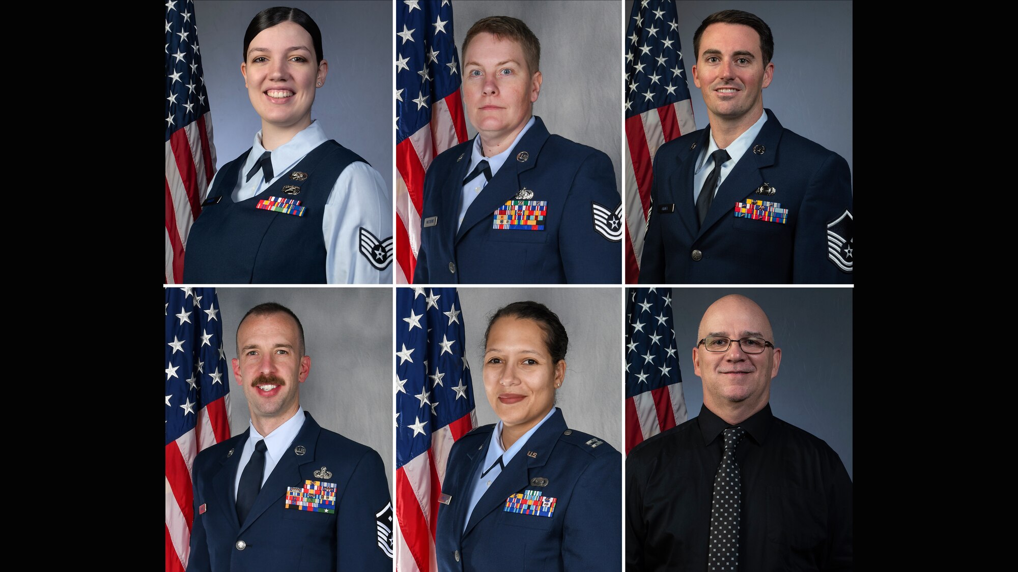 Collage depicting six individual portrait photographs of the 131st Bomb Wing's Outstanding Airmen of the Year.