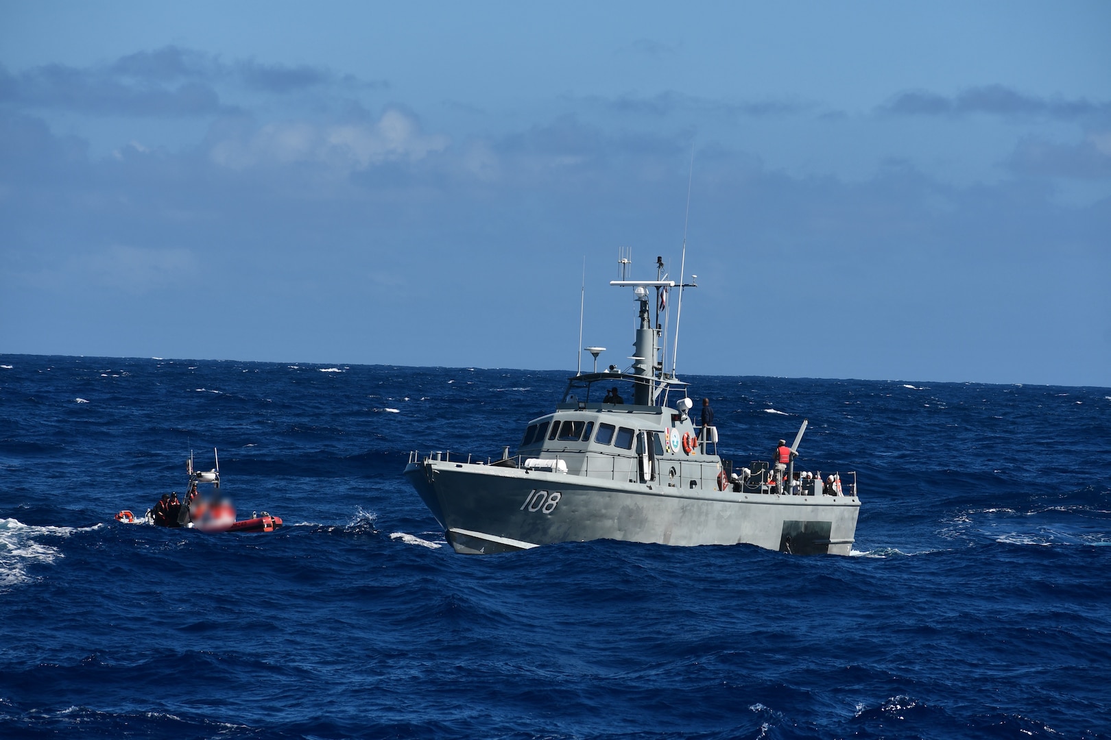 Coast Guard Cutter Joseph Napier’s small boat rendezvous with a Dominican Republic Navy vessel during the repatriation of 53 migrants to Dominican Republic, Jan. 12, 2023.  The migrant group was interdicted in the Mona Passage by Puerto Rico Police marine units, the Coast Guard Cutter Joseph Napier and a U.S. Customs and Border Protection multi-role enforcement aircraft the night of Jan. 10, 2024 near Cabo Rojo, Puerto Rico. (U.S. Coast Guard photo)